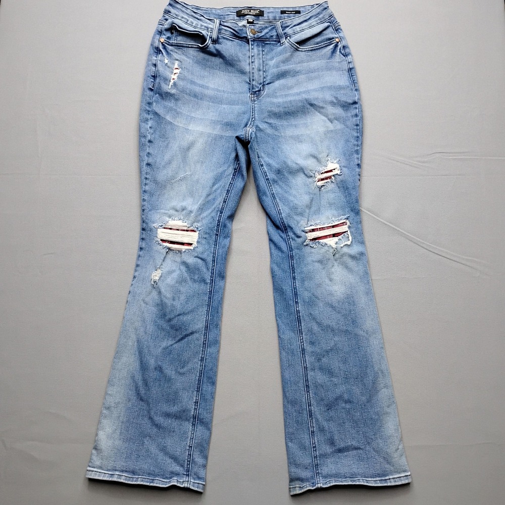 Judy Blue 14W Bootcut Jeans Plaid Patched Distressed Medium Wash